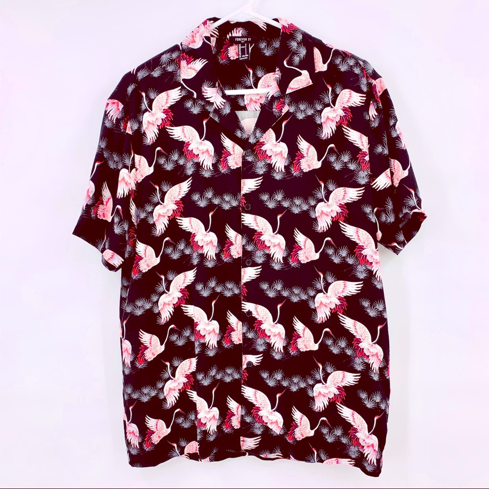Forever 21 Men Crane Print Short Sleeve Button Up